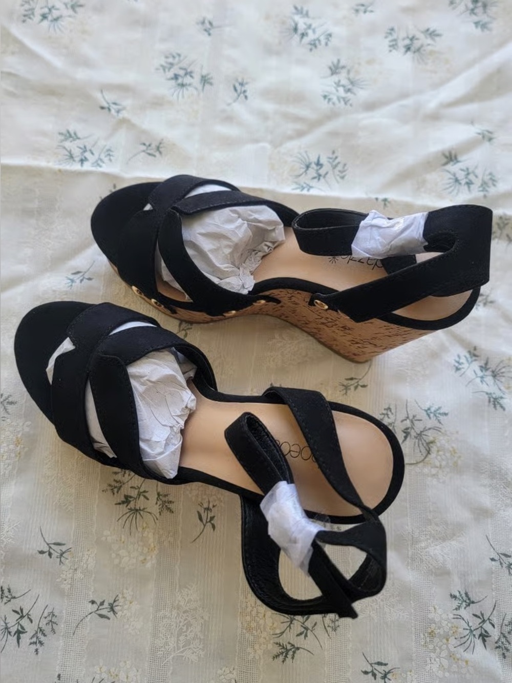 Black Wedge Sandals with Cork Platform - Women's Summer Heels